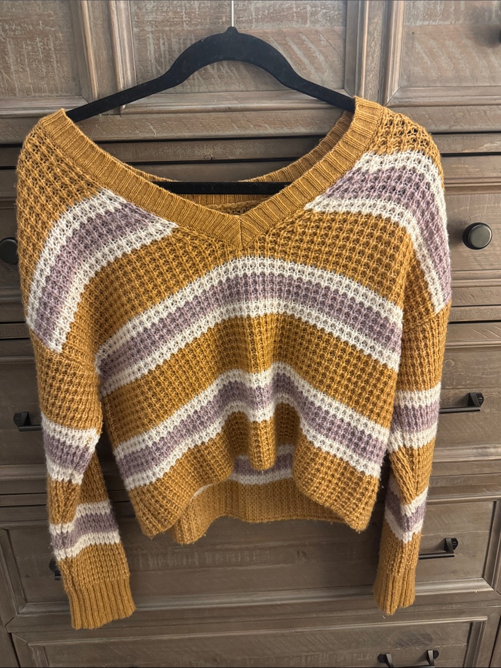 American Eagle Outfitters Mustard, Cream & Mauve Striped V-Neck Sweater